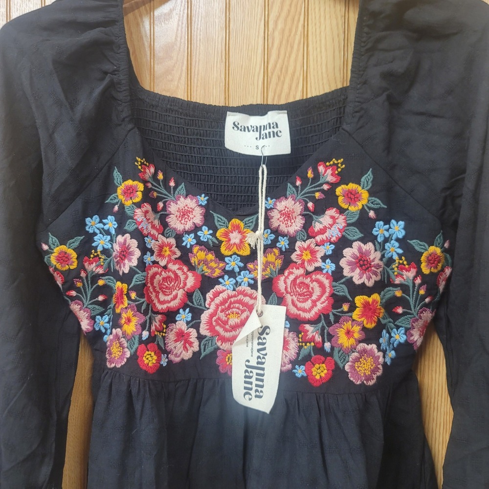 Savanna Jane Cottagecore Folk Black Floral Embroidered Boho Peasant Top Small - Picture 2 of 4